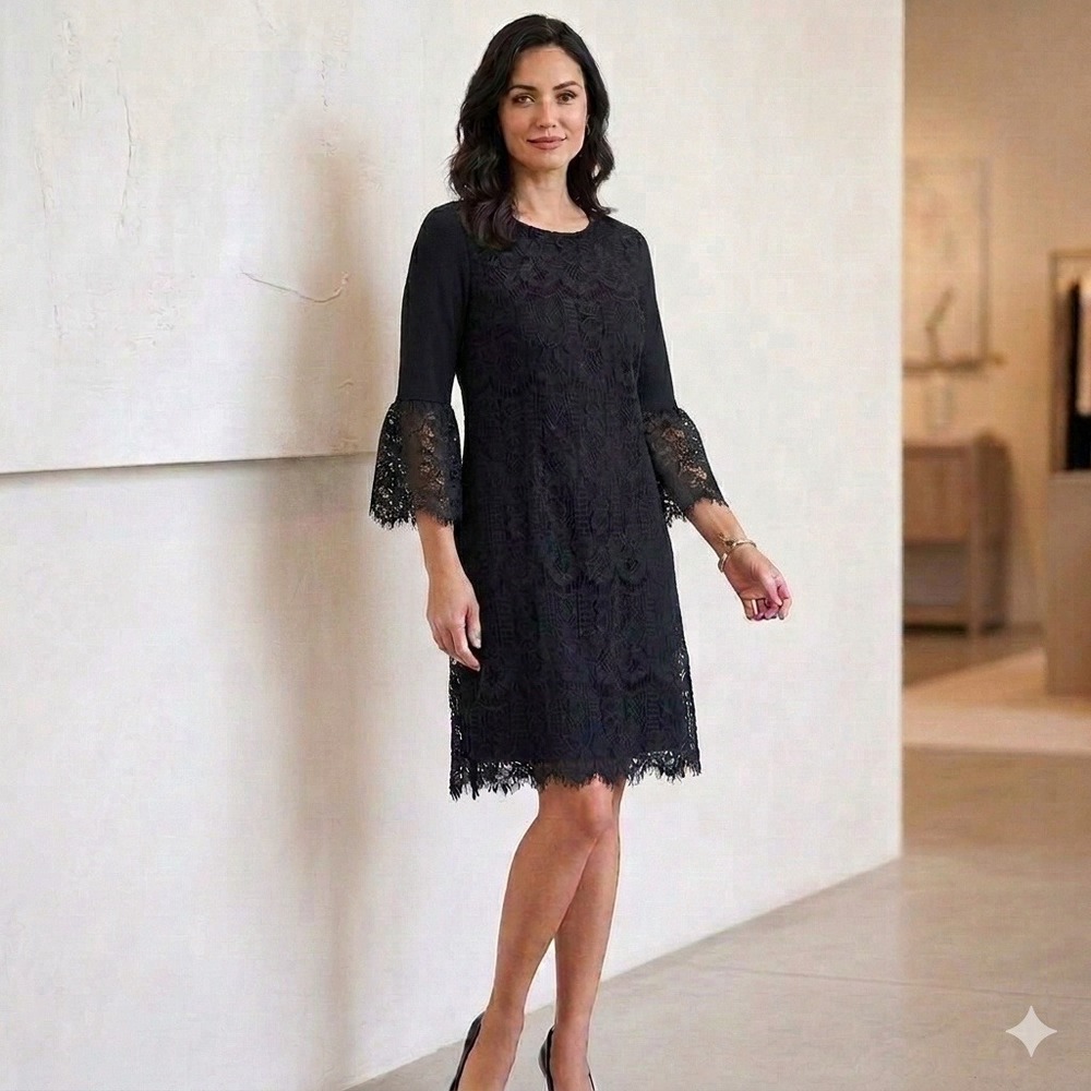 Charter Club Womens Floral Lace Bell Sleeve Shift Dress Size XL Black Gothic
